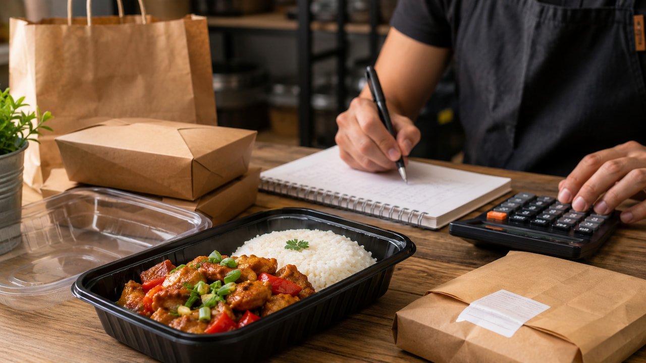 Empreendedor calcula precificação de comida para delivery ao lado de marmita, embalagens e caderno de custos.