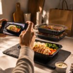 Celular na horizontal ensinando como fotografar comida para delivery com luz LED em mini estúdio caseiro e embalagem sobre a mesa.