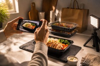 Celular na horizontal ensinando como fotografar comida para delivery com luz LED em mini estúdio caseiro e embalagem sobre a mesa.