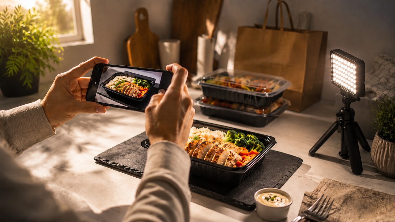 Celular na horizontal ensinando como fotografar comida para delivery com luz LED em mini estúdio caseiro e embalagem sobre a mesa.