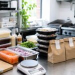 Estoque para dark kitchen sem desperdício, com molhos, verduras e porções organizadas em cozinha profissional.