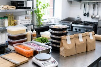 Estoque para dark kitchen sem desperdício, com molhos, verduras e porções organizadas em cozinha profissional.