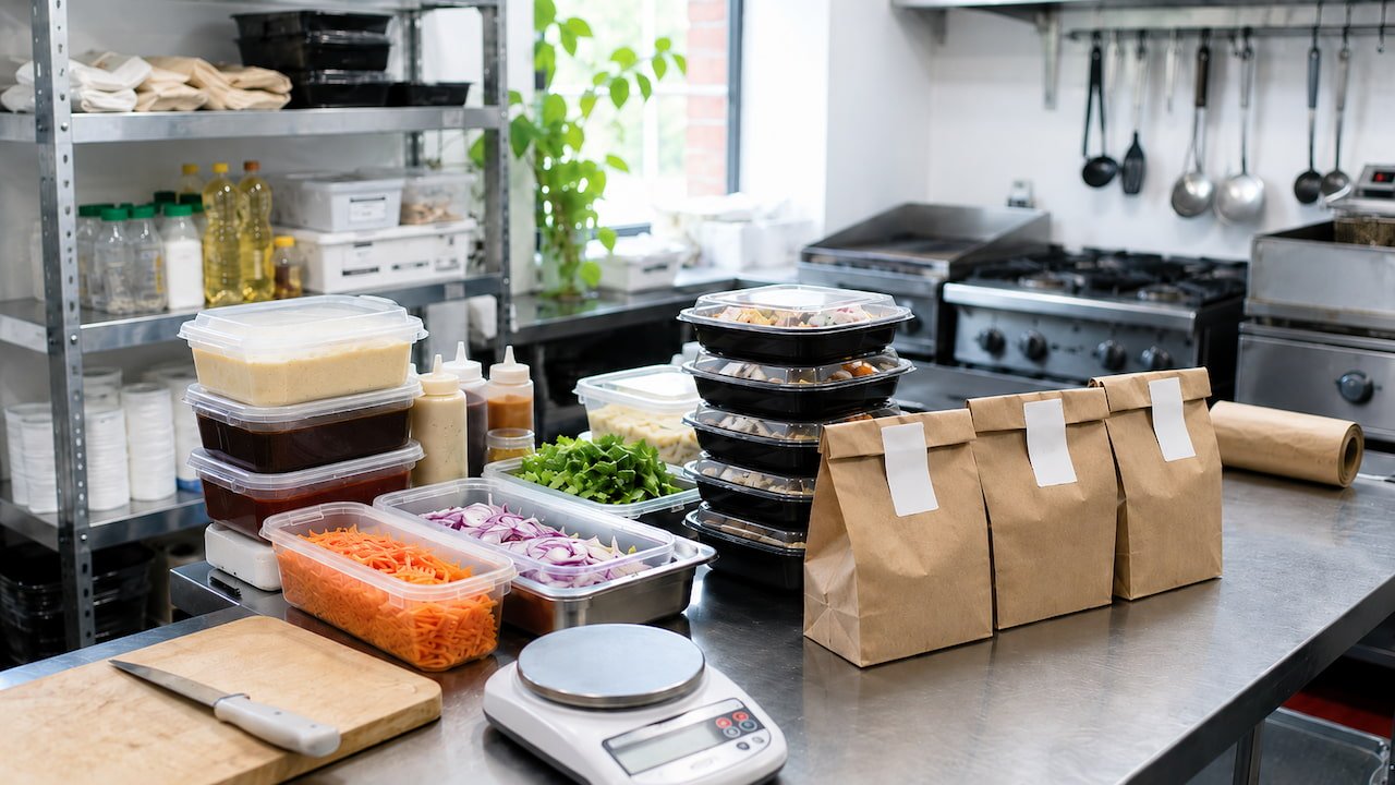 Estoque para dark kitchen sem desperdício, com molhos, verduras e porções organizadas em cozinha profissional.