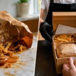 Pedido de delivery bagunçado ao lado de caixa organizada, mostrando como fidelizar clientes no delivery.
