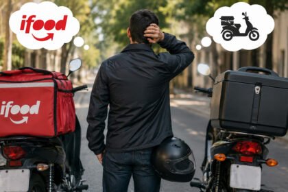 Motoboy em dúvida entre iFood entrega ou próprio, com duas motos de delivery em rua clara pela manhã.