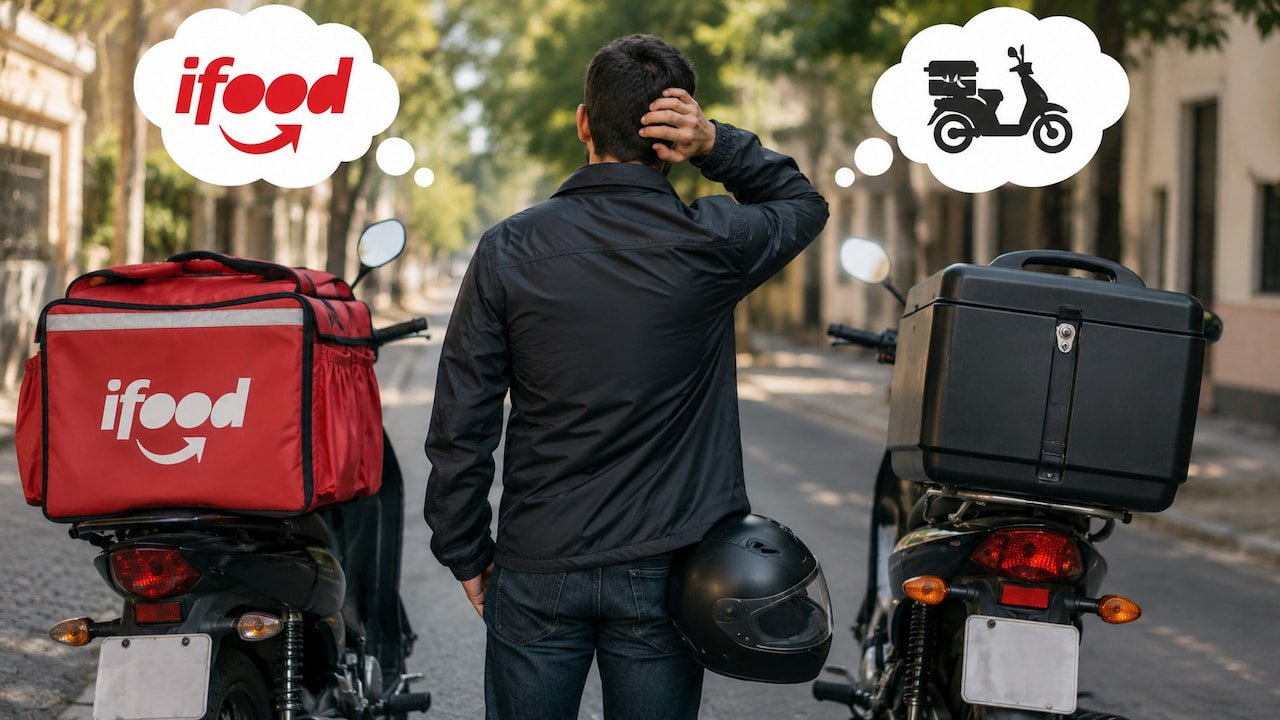Motoboy em dúvida entre iFood entrega ou próprio, com duas motos de delivery em rua clara pela manhã.