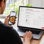 Pessoa ajusta cardápio no notebook para mais pedidos no iFood sem promoção, com celular exibindo foto do prato.