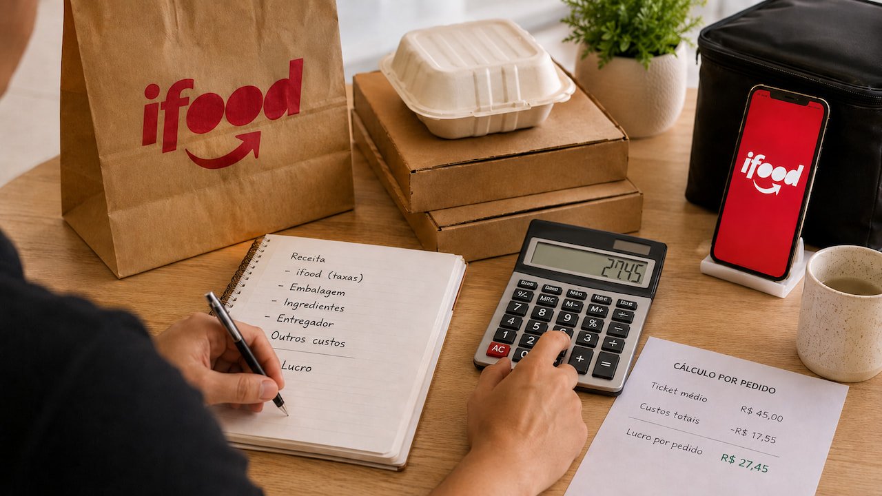 Cálculo de quanto sobra no iFood, com pedidos, calculadora, celular e anotações de custos na mesa.